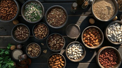 An array of nuts and seeds beautifully displayed in bowls on a rustic wooden table, highlighted by natural sunlight.