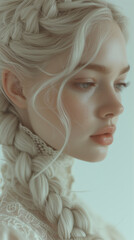 Long thick braid on a girl with white blonde hair and ethereal beauty, side profile shot studio photography against blue background