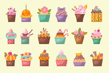 Cupcakes. Tasty bakery dessert recent vector illustrations of different muffins