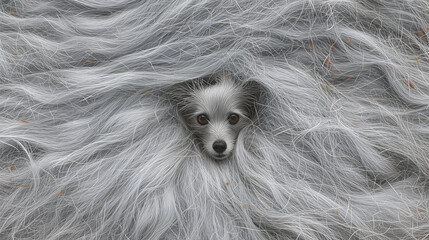 Small grey dog in a nest made out of dog hair, ultimate fluff 