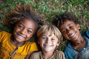 Fototapeta premium A cheerful group of young friends enjoying the warm sunshine, surrounded by vibrant grass and beautiful irises, with beaming smiles and infectious laughter filling the air