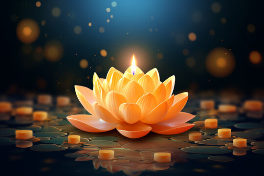 Zen lotus flower floating on water with candlelight. Concept of  Vesak Day, mindfulness.  generative ai