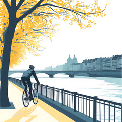 A cyclist riding along the seine river promenade isolated on white background, minimalism, png
 - obrazy, fototapety, plakaty