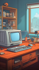 Vintage cartoon computer, pc, desktop pc, desk computer, old tech