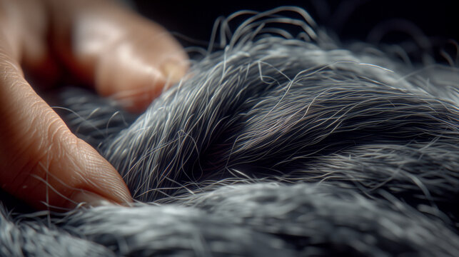 Woman touching her braided hair, closeup fingers moving through thick grey frizzy hair, hair picking
