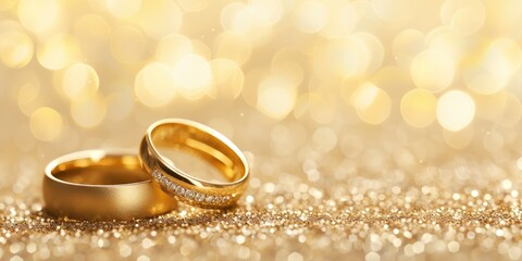 Obraz na płótnie Canvas Golden Vows, A Pair of Gold Wedding Rings Gleaming Against a Bokeh Background, Capturing the Essence of Eternal Commitment.