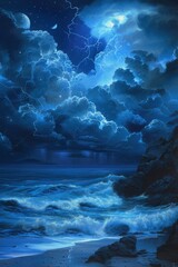  A Stormy Night by the Sea, Illuminated by Lightning Strikes and Roaring Waves, Capturing the Raw Power of Nature