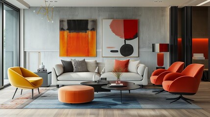 Chic living room with bold colors and contemporary design featuring vibrant orange sofa