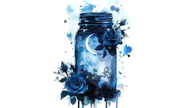 A Single Clipart of a Mason Glass Jar Bathed in Moonlit Mourning, Embellished with Skeletal Moons, Weeping Roses, and Intricate Glasswork Details
