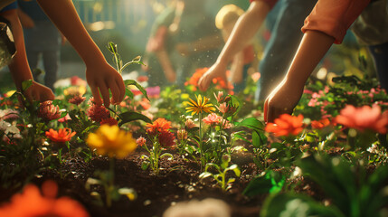  Awareness Day, featuring individuals forming a human chain and planting a symbolic garden of diverse flowers, bathed in soft, natural lighting that symbolizes growth