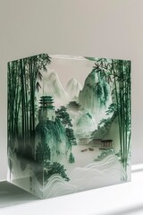 A Front View of Denser Bamboo Forests Crafted from Resin, Encased in a Square Glass Container, Emulating a Chinese Landscape Painting
