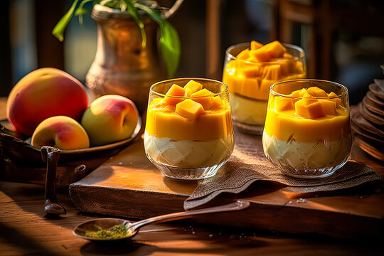 Savor the sweetness of Mango Pudding elegantly presented on a wooden table. An enticing image for culinary projects and dessert themed designs.