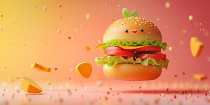 Cute 3D Render of a Flying Burger Crafted from Clay Soaring Over a Flat, Clean, and Colorful Background in a Playful Commercial Style