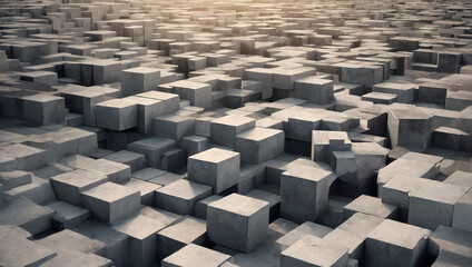 Minimalistic 3D concrete cubes forming a cubistic architectural pattern.