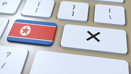 North Korea National Flag and Cross or No Button 3D Illustration