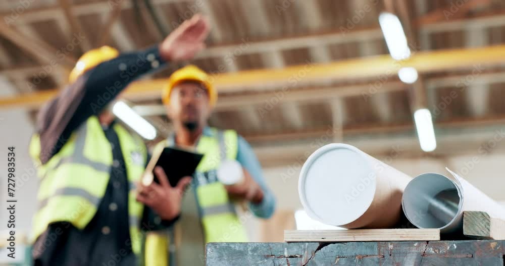 Aufkleber Construction, blueprint and planning architecture with tablet, teamwork and development of building. Architect, people and conversation with industrial strategy, notes and collaboration with tech
