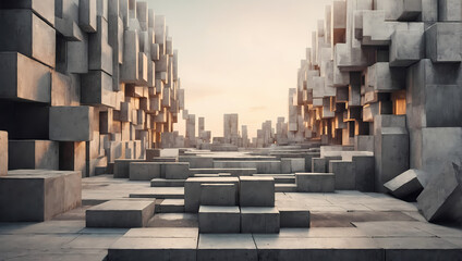 Minimalistic 3D concrete cubes forming a cubistic architectural pattern.