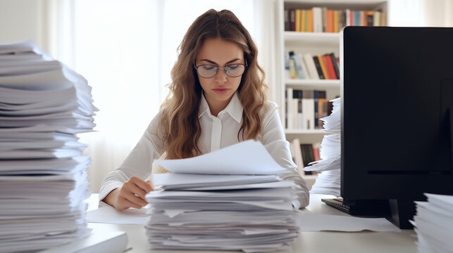 A focused woman meticulously organizing her thoughts amidst the chaos of her indoor office, surrounded by shelves of books and files, as she stares intently at her computer screen