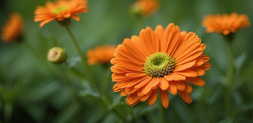 Fototapeta premium The landscape of orange daisy blooms in a field, with the focus on the setting sun. The grassy meadow is blurred, creating a warm golden hour effect during sunset and sunrise time.