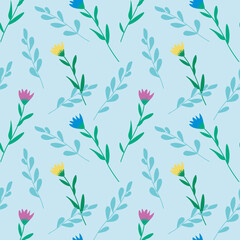 Seamless pattern with flat flowers on a blue background.