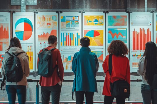 A diverse group of fashion-forward individuals Analyzing Infographics at an Exhibition, studying a chart that displays the latest trends