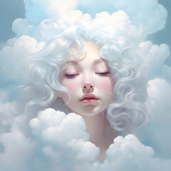 A girl, an angel with delicate facial features, surrounded by white foamy clouds.
