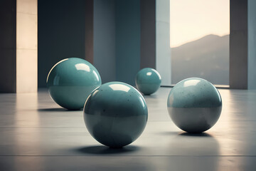 Minimalistic 3D spheres with a polished concrete surface in a tranquil design.
