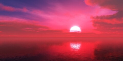 Panorama of sea sunset, ocean sunrise, seascape, 3d rendering
