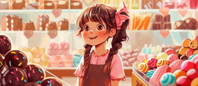 Cute Girl Sweetly Stands near Chocolate Stand, Surrounded by Irresistible Candies.