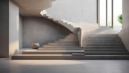 Minimalistic 3D staircases with concrete steps in a balanced composition.
