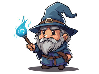 Chibi Wizard in Blue Robe Holding Mystical Flame Staff, Concept of Magic, Enchantment, and Whimsical Fantasy Journey, Ideal for Children’s Book Illustrations and Game Design