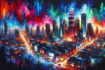 A vibrant cityscape at night, illuminated by neon lights and busy with activity - Generative AI 
