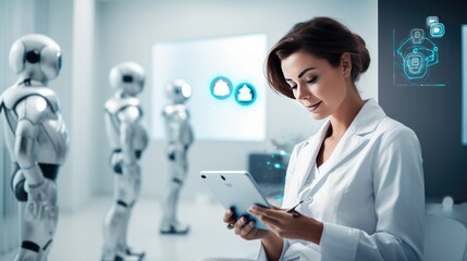 Fototapeta premium IoT Chatbot in healthcare, doctor using a chatbot Intelligence (AI) Innovation concept to assist in diagnosing medical condition and treatment. Copy space for text, AI generated