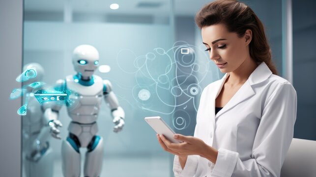 IoT Chatbot in healthcare, doctor using a chatbot Intelligence (AI) Innovation concept to assist in diagnosing medical condition and treatment. Copy space for text, AI generated