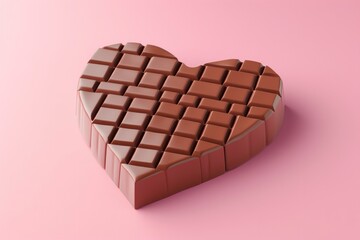 A Classic Heart-shaped Chocolate Bar with Uniform Cubes, Nestled on a Shallow, Top View Against a Pastel Pink Background.