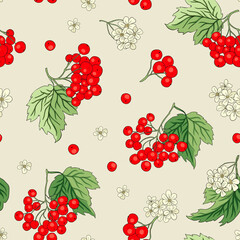 Viburnum rowan red berry flower seamless vector pattern background. Autumn floral fruit bouquet fresh forest garden illustration