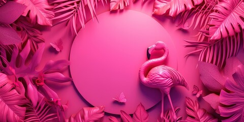 Neon Pink Tones Encircle an Empty Center, Featuring Pink Flamingo and Leaves for a Vibrant Composition