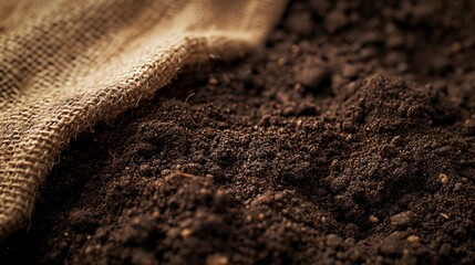 Rich dark brown soil partially covered with natural burlap texture - obrazy, fototapety, plakaty