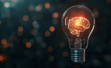 Light bulb with human brain inside on dark background