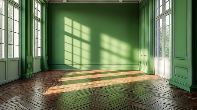 Green-walled Room With Classic French Windows And Herringbone Floor