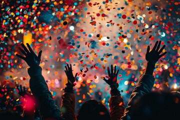 Joyful individuals celebrate under the night sky, hands raised in exaltation as confetti fills the air with a burst of color and light