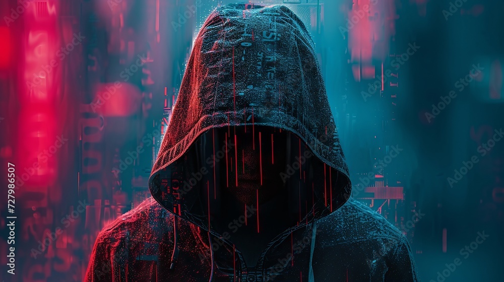 Wall mural mysterious hooded figure in a digital art style portrait with neon lights - Wall murals