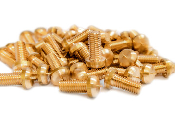 Bronze screws made on a lathe on a white isolated background.