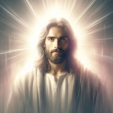 Portrait of Jesus Christ in the rays of light over dark background