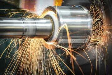 Coarse grinding of inner bore on a circular grinding machine with sparks. - obrazy, fototapety, plakaty