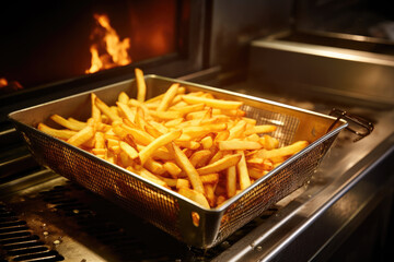 Cooking french fries in a kitchen deep fryer.	
