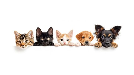 Cats and dogs with paws up, playfully peeking at a blank white sign. Perfect for web banners and...