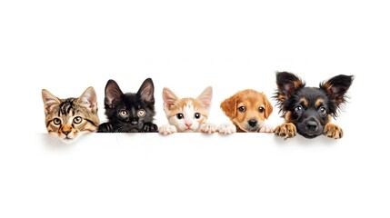 Cats and dogs with paws up, playfully peeking at a blank white sign. Perfect for web banners and social media covers. Ideal for pet-loving businesses