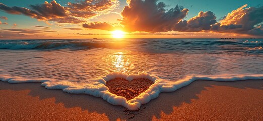 As the sun sets over the calm ocean, a heart-shaped sand with foamy waves on the shore creates a...