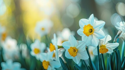 Panoramic spring background with closeup daffodils. Selective focus for a beautiful floral header. Perfect for websites or web banners, capturing the essence of spring